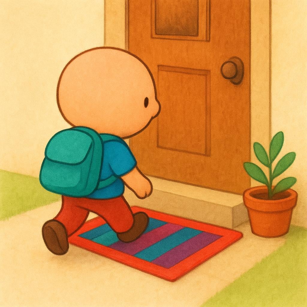 A cheerful traveler with a small suitcase taking the final step onto a welcome mat in front of a colorful, cozy house.