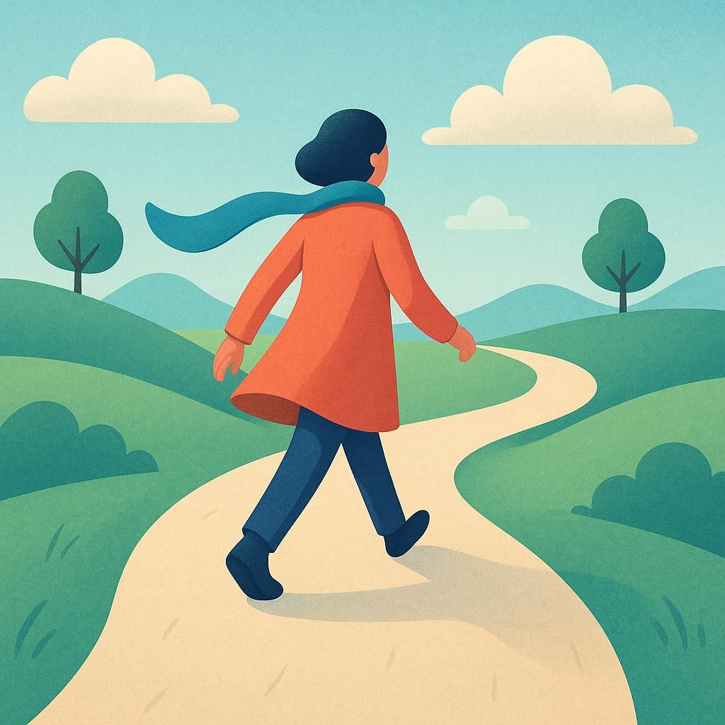 A brightly colored illustration of a person walking along a path directly toward the foreground, suggesting arrival or approach.