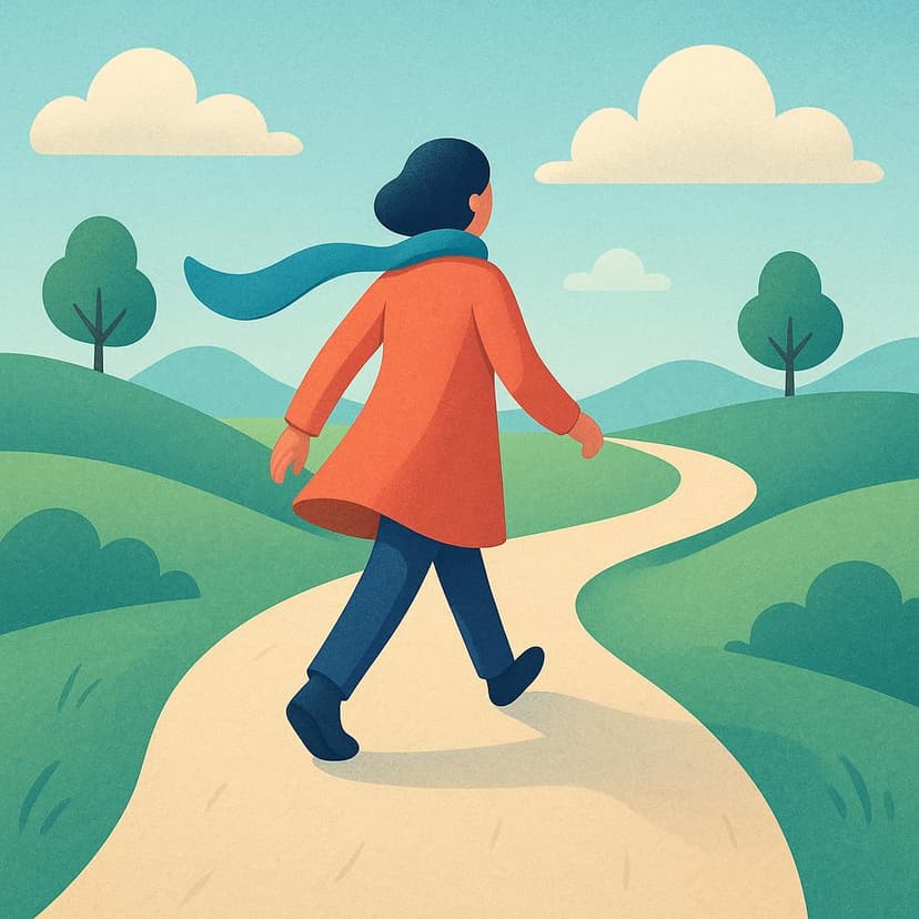 A brightly colored illustration of a person walking along a path directly toward the foreground, suggesting arrival or approach.