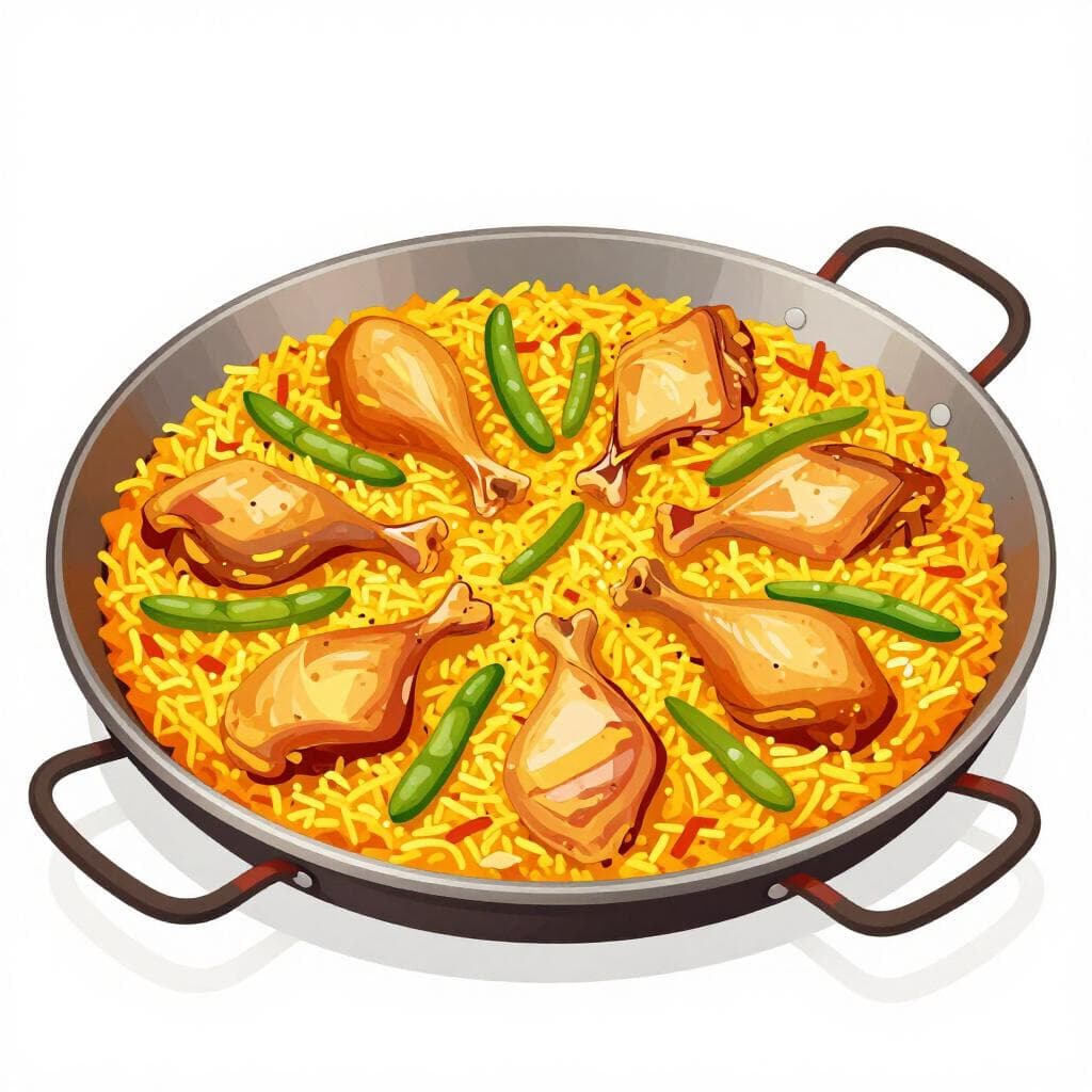 Una paella valenciana tradizionale, grande e colorata, in una padella rotonda bassa.