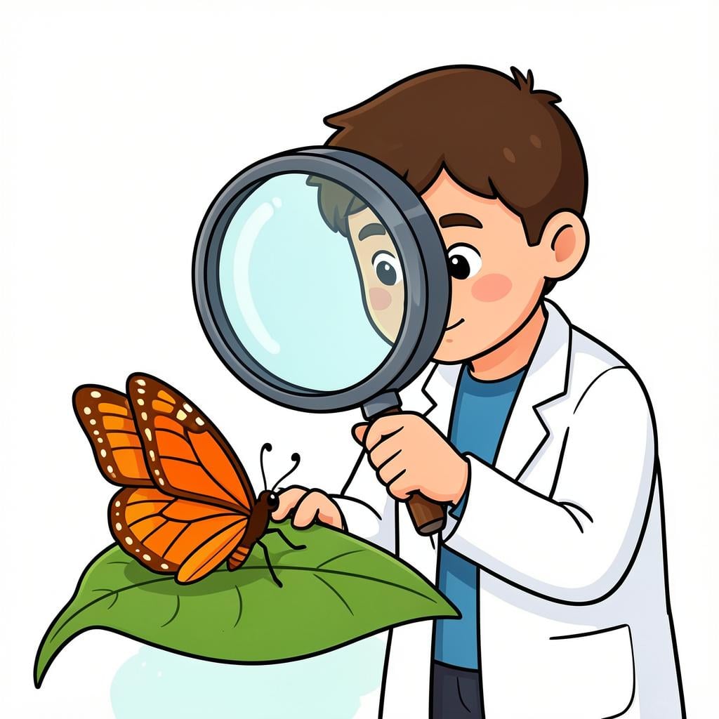 A scientist in a lab coat looking at a colorful butterfly through a magnifying glass.