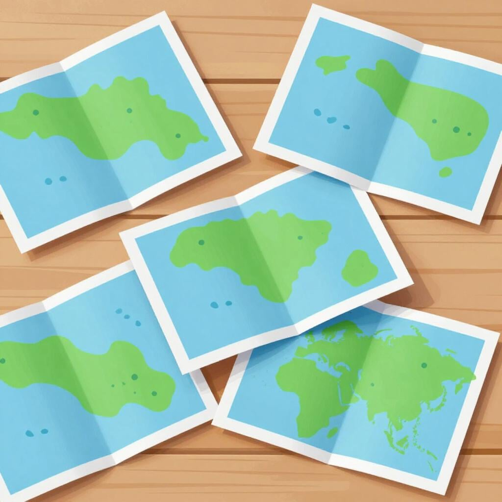 A collection of colorful paper maps showing land and water spread across a wooden table.