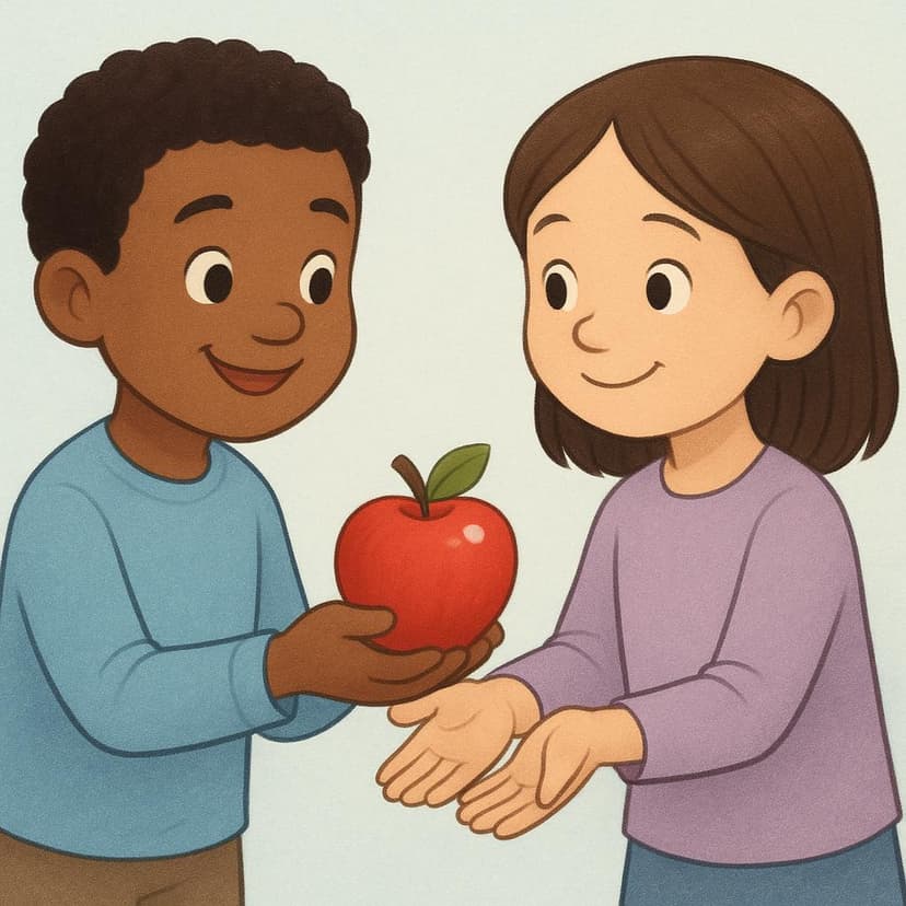 A colorful storybook illustration showing a smiling character handing a bright red apple directly into the open hands of a second character.