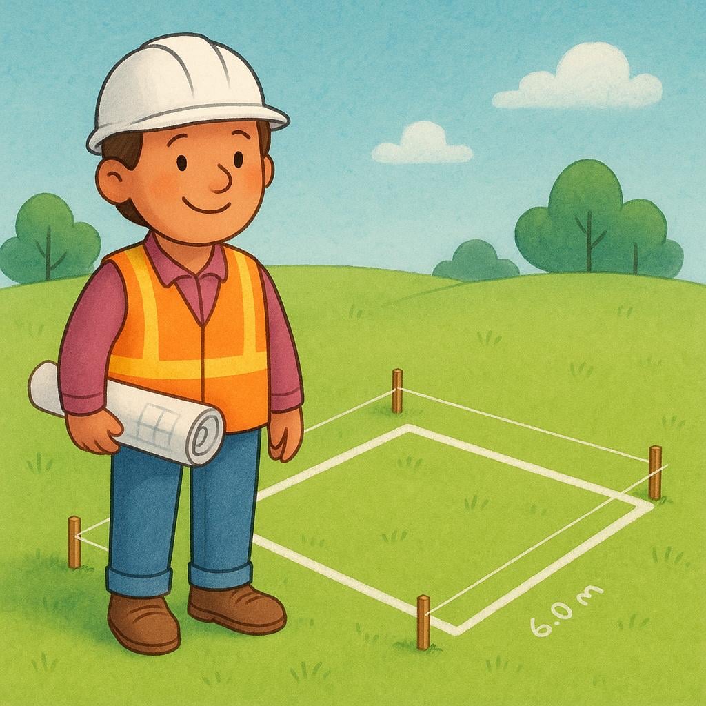 A cheerful builder standing next to a perfectly marked foundation outline for a small house, holding a rolled-up architectural plan, emphasizing general preparation and arrangement.