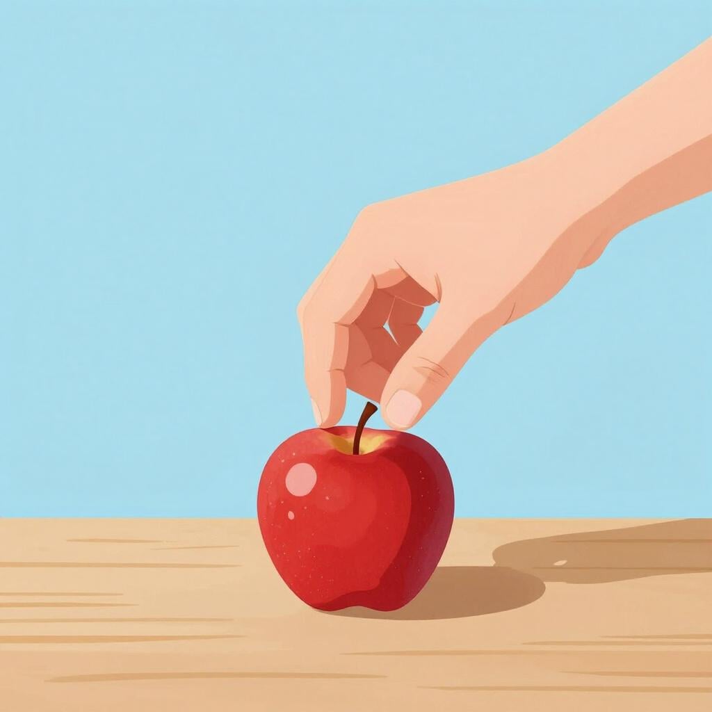 A hand lifting a single red apple from a wooden table.