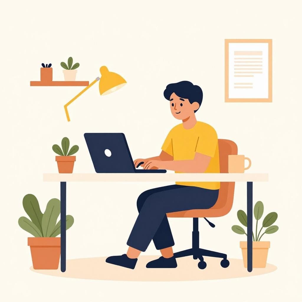 A person working happily at a wooden desk in a cozy home office with a laptop and a cup of coffee.