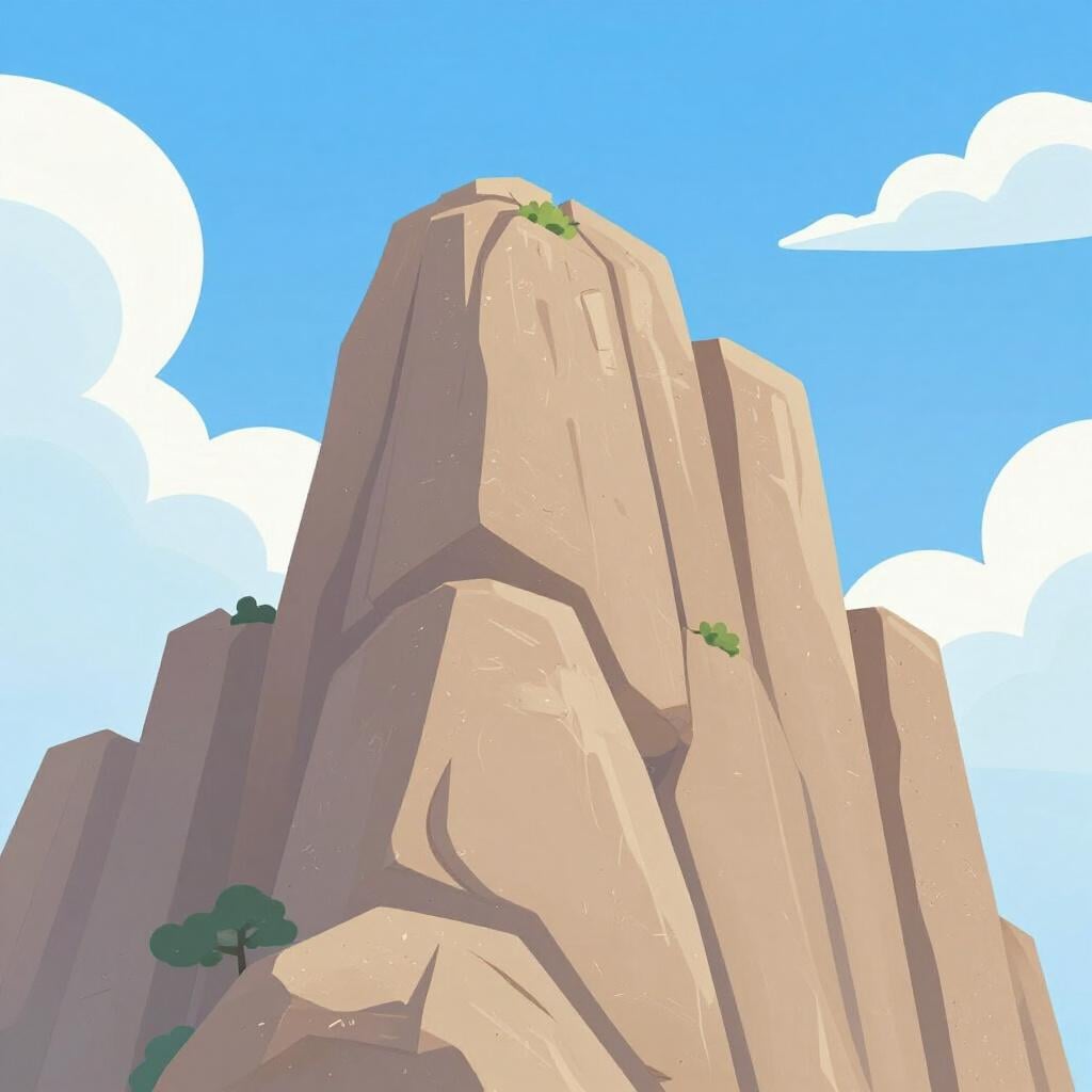 渦巻く白い雲と澄んだ青空を背景に、力強くそびえ立つ巨大で古代の岩山。