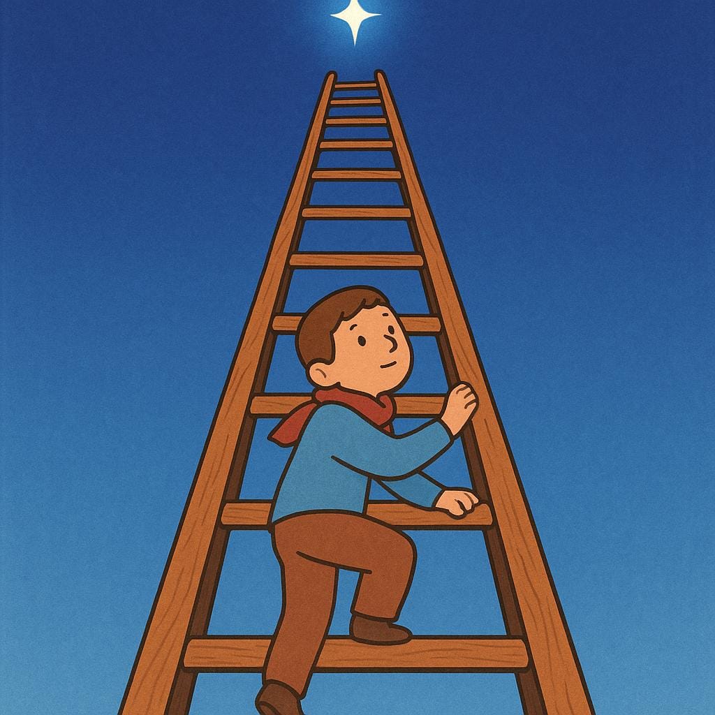 Een gefocust figuur die gestaag een zeer hoge houten ladder beklimt die hoog de lucht in reikt naar een helder schijnende ster aan de top.