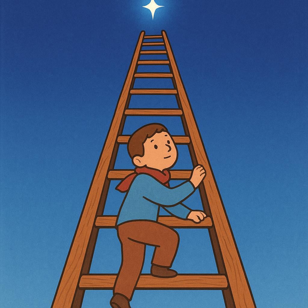 A focused figure steadily climbing a very tall wooden ladder that reaches high into the sky towards a brightly shining star at the top.