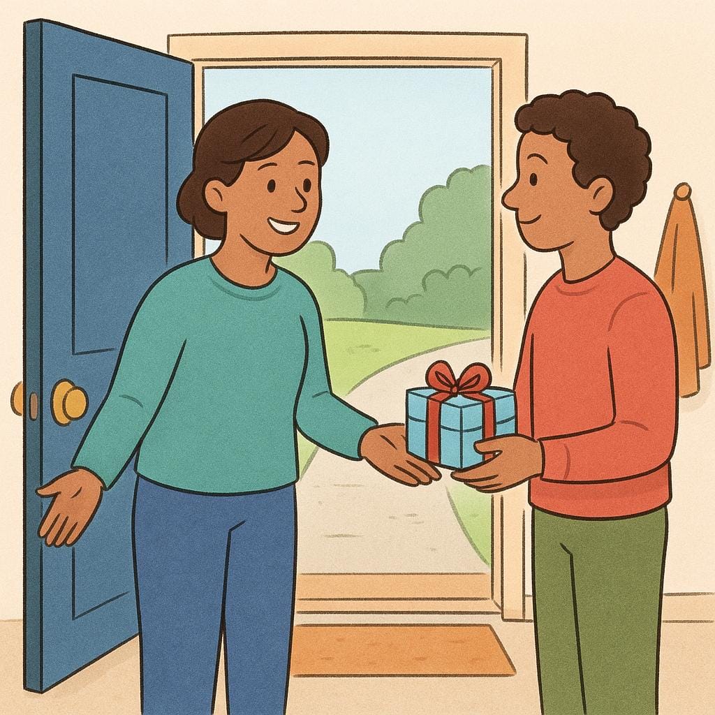 A storybook illustration showing a person standing happily at the open front door of a house, greeting another person who has just arrived holding a small wrapped box.