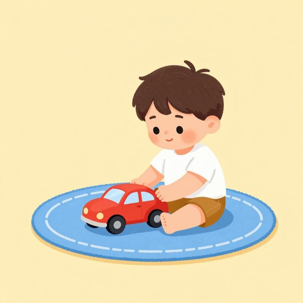 Un jeune enfant jouant avec une petite voiture rouge vif sur un tapis.