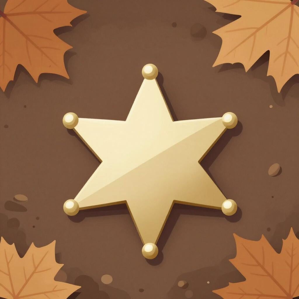 Eine hochwertige, einfache, farbenfrohe Bilderbuchillustration, die einen angelaufenen, einfachen fünfzackigen Sheriffstern zeigt, der verlassen im Dreck liegt und eine frühere Position symbolisiert.