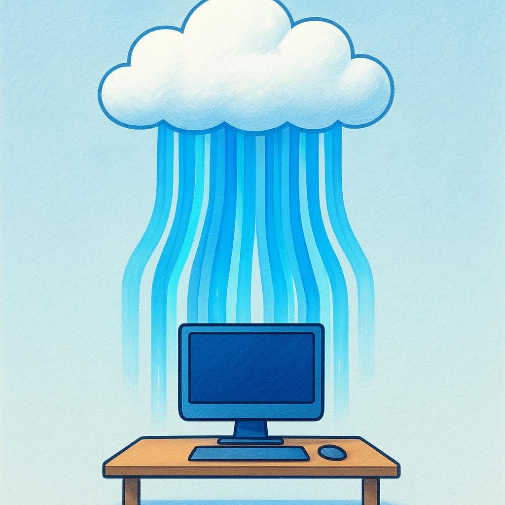 Blue, flowing streams of energy, representing data, moving directly downwards from a fluffy white cloud towards a simple, stylized desktop computer.