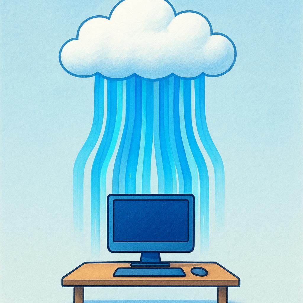 Blue, flowing streams of energy, representing data, moving directly downwards from a fluffy white cloud towards a simple, stylized desktop computer.