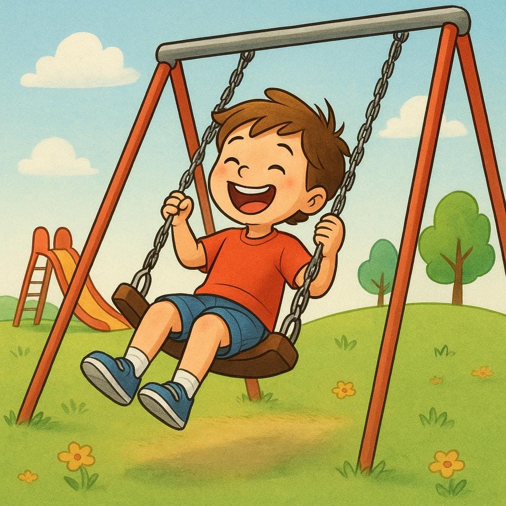 A high-quality, colorful storybook illustration of a young child swinging very high on a playground swing set, laughing joyfully and showing clear enjoyment.