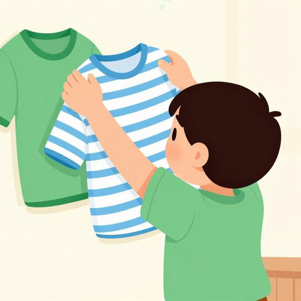 Une illustration simple d'un jeune enfant tirant une chemise rayée par-dessus sa tête, changeant activement de tenue.