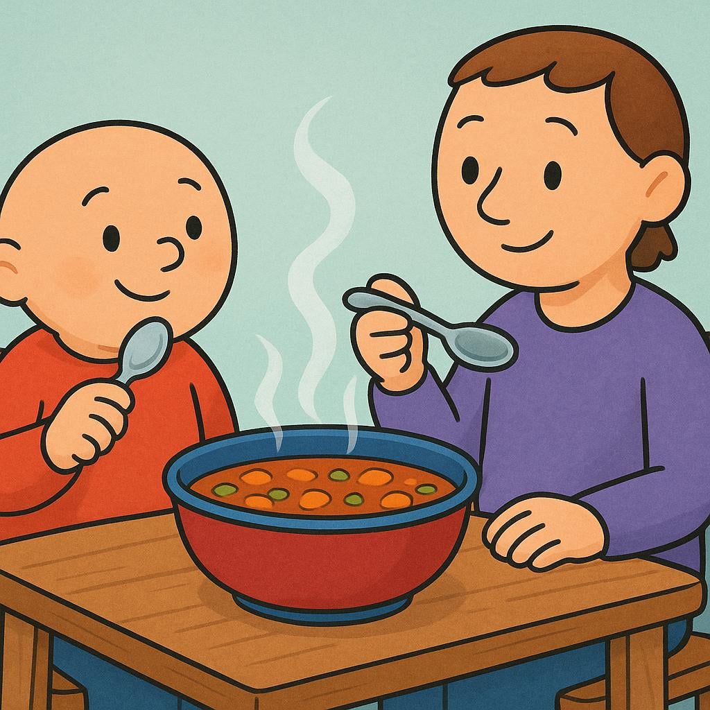 Two friendly characters sitting at a small table, happily sharing a bowl of steaming food with spoons, illustrating the action of eating.