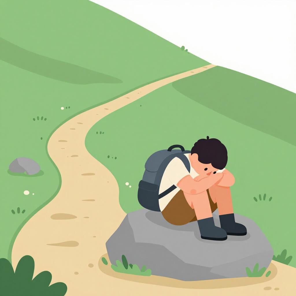 Un escursionista accasciato su una grossa roccia su un sentiero, dall'aspetto molto stanco.