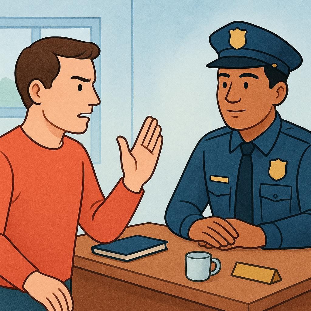 A storybook illustration showing a person standing and talking seriously to a police officer who is seated behind a desk, representing a formal report or complaint.