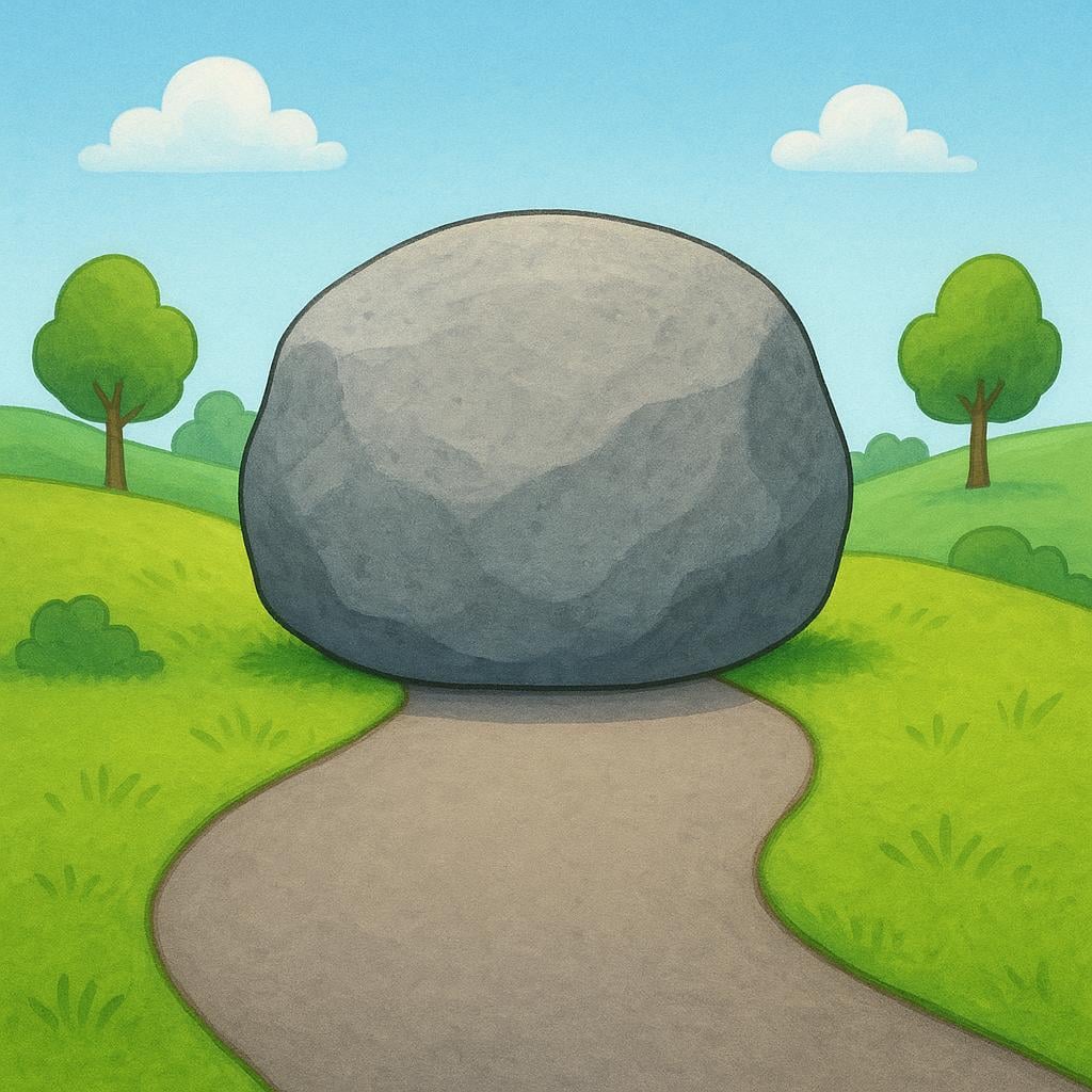 A large, grey boulder completely obstructs a winding, paved road, illustrating a physical blockage.