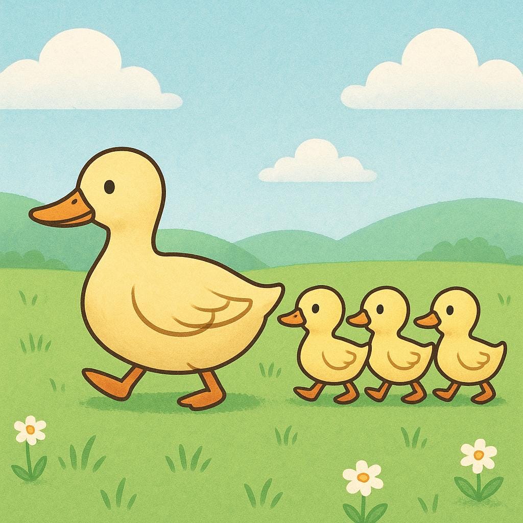 A mother duck leading three small ducklings who are walking closely in a straight line directly behind her.