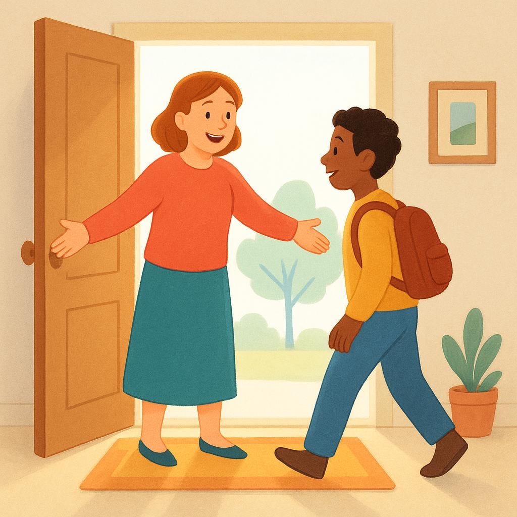 A cheerful person standing at a brightly lit doorway with arms open wide, smiling warmly while greeting another person who is arriving.