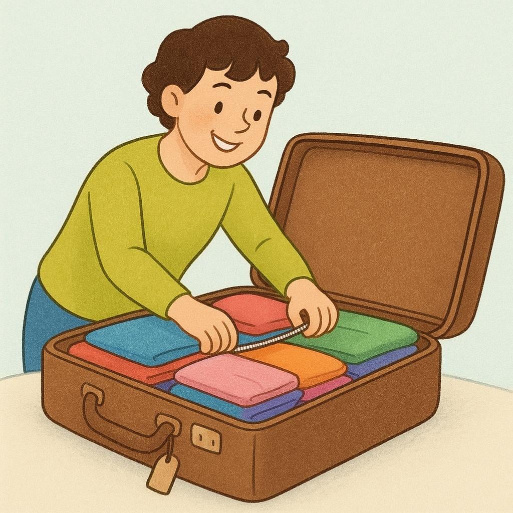 A cheerful person zipping up a large, brown suitcase that is completely packed with colorful folded clothes, indicating readiness for travel.