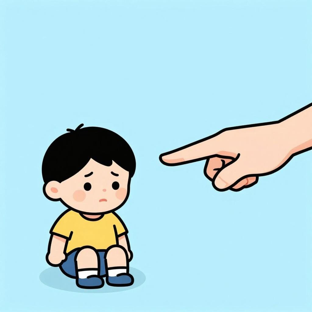 Un enfant regarde par terre tandis qu'un adulte pointe du doigt dans un geste de réprimande légère.