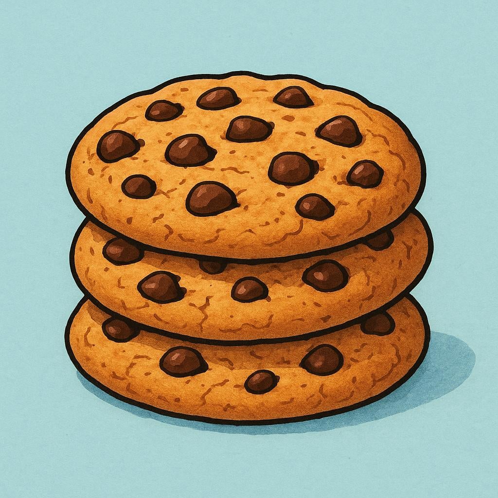 A close-up view of three freshly baked chocolate chip cookies stacked on a light surface.