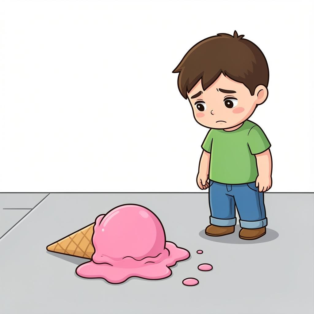 A child looking sadly at a dropped ice cream cone melting on the sidewalk.