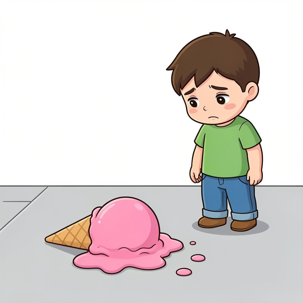 A child looking sadly at a dropped ice cream cone melting on the sidewalk.