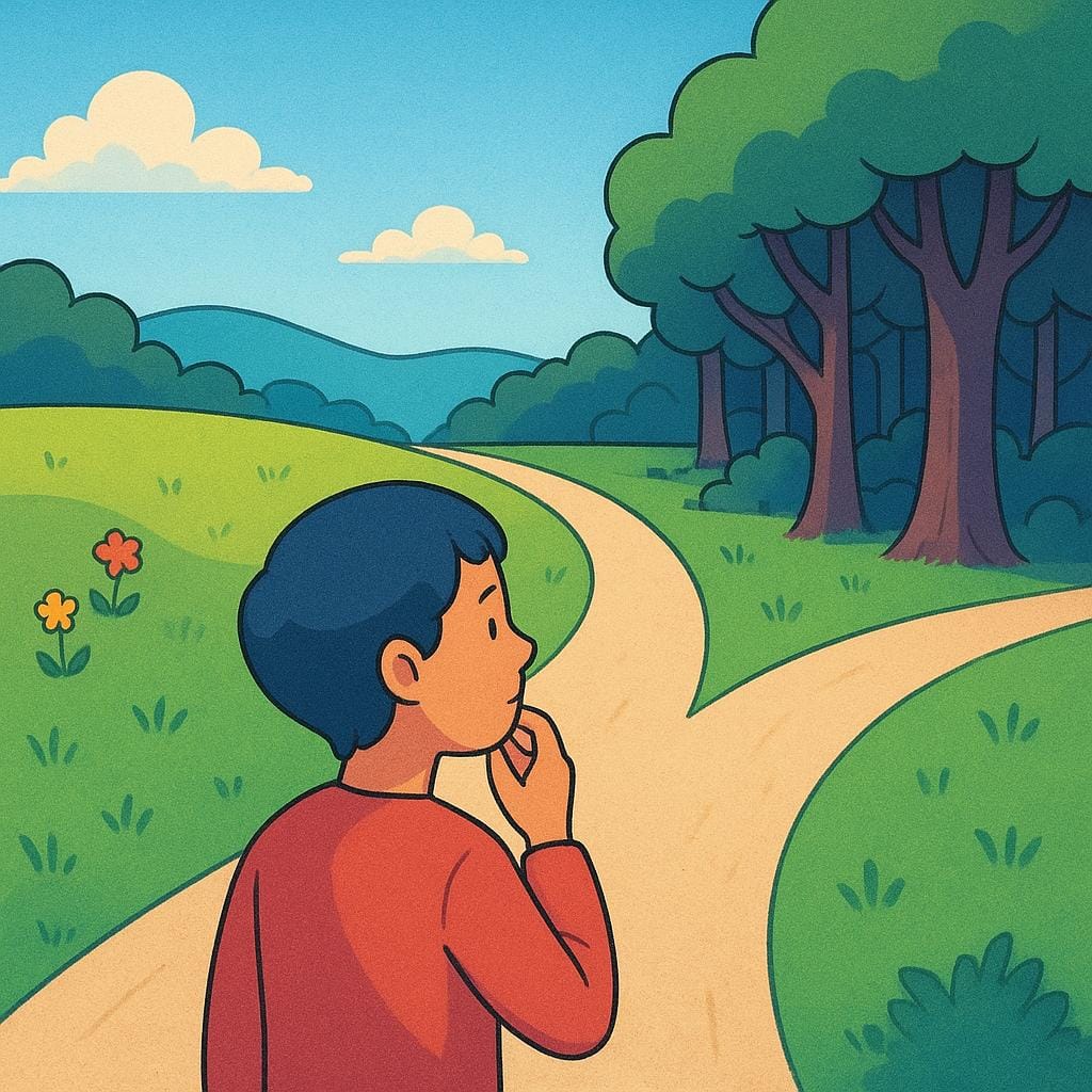 A person stands at a fork in the road, where the path splits into two distinct directions, symbolizing a turning point or major decision.