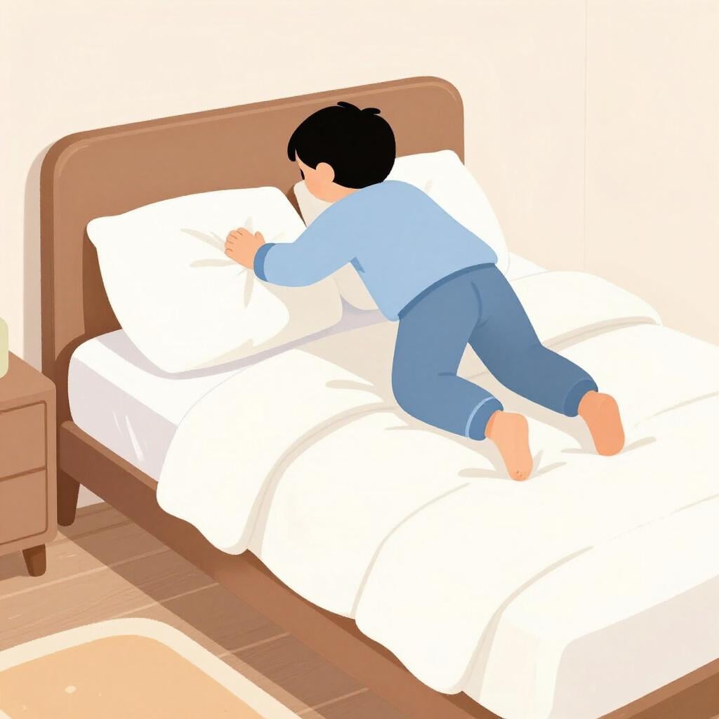 Une personne en pyjama grimpant dans un lit confortable avec des oreillers moelleux.