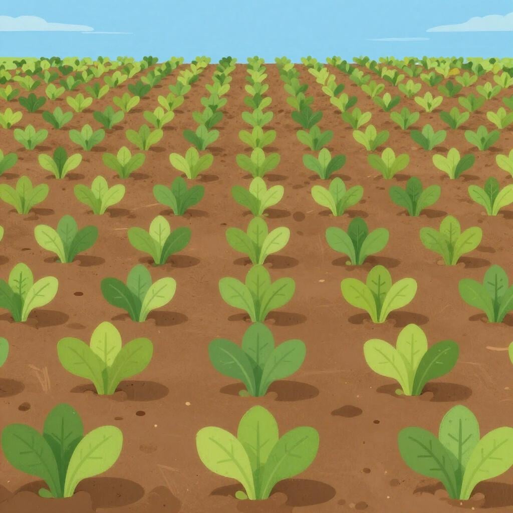 A wide view of a vibrant green field with neat, organized rows of growing crops under a bright sun.