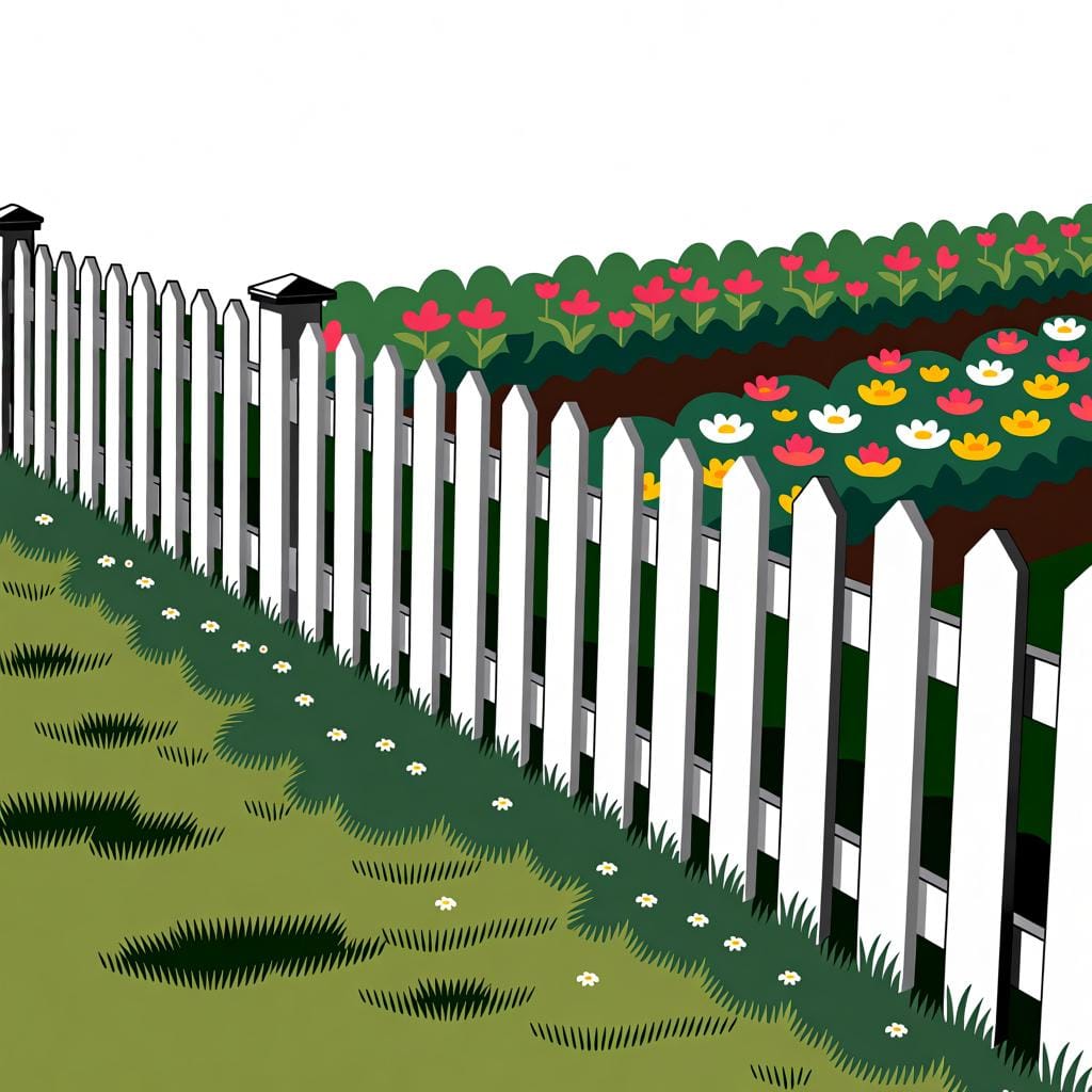 A section of white wooden picket fence clearly separating a grassy lawn from a cultivated flower garden.