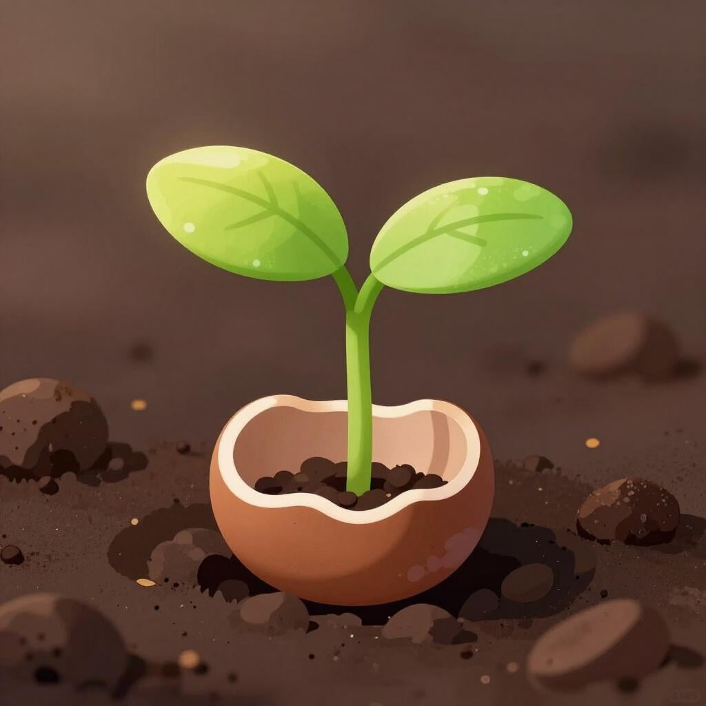A small green sprout emerging from the cracked shell of an old seed in fertile soil.