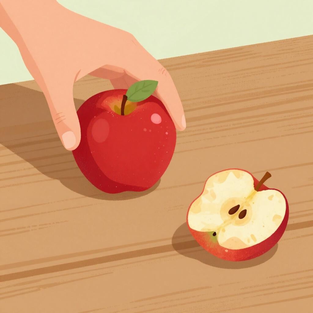 A hand placing a fresh, whole apple on a table where a core used to be.