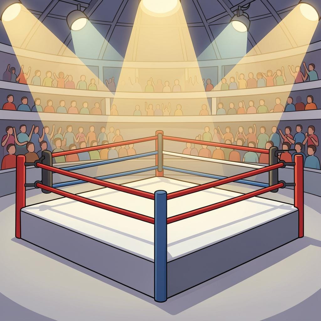 A square boxing ring with blue and red ropes and a white canvas floor.