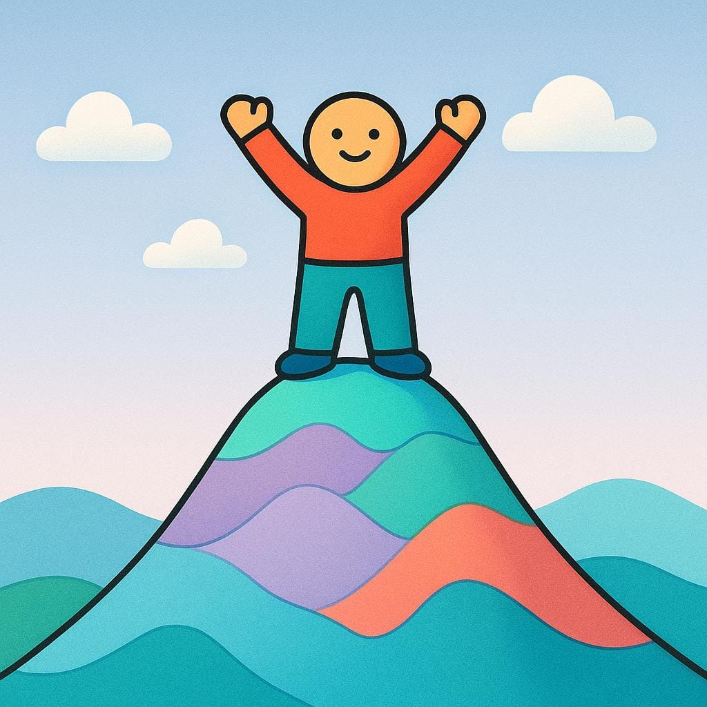 A triumphant figure standing on the peak of a small, colorful hill, raising their arms in victory.