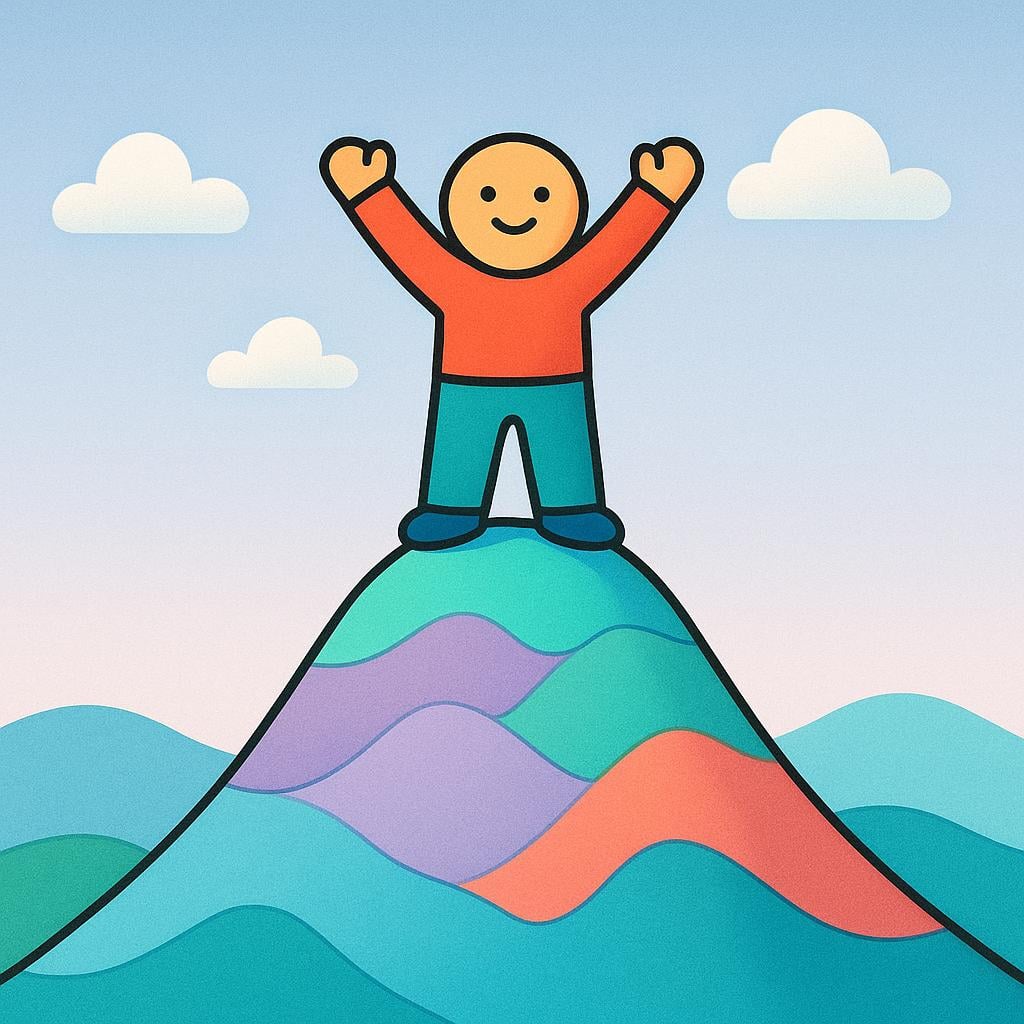A triumphant figure standing on the peak of a small, colorful hill, raising their arms in victory.