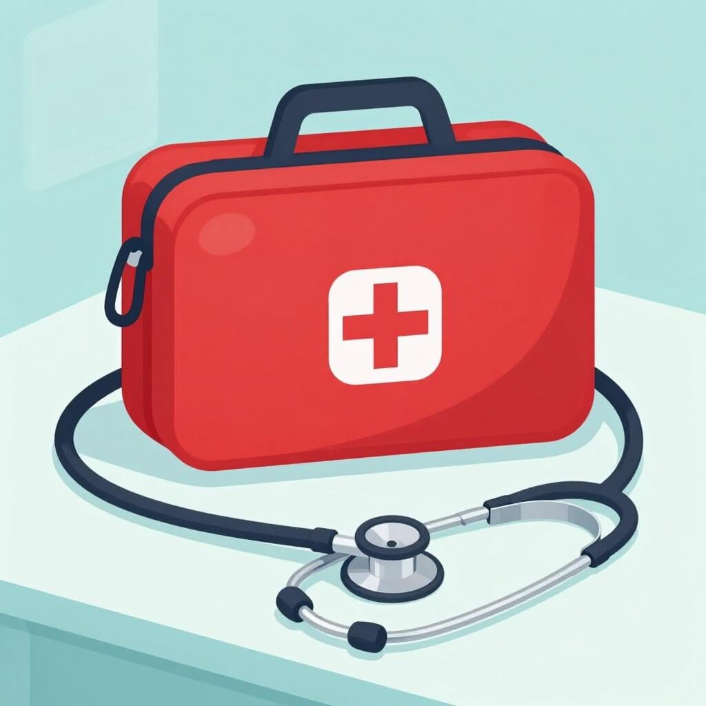 Een felrode verbanddoos met een wit kruissymbool op een schone ondergrond.