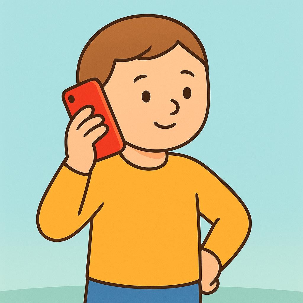 A simplified figure holding a bright red mobile phone up to their ear, illustrating the action of calling someone.