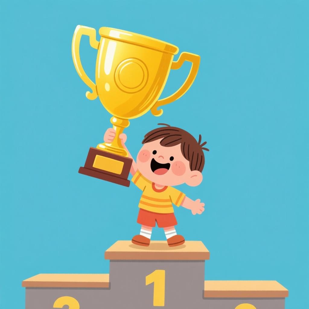 Un bambino felice su un podio, che tiene in alto un grande trofeo d'oro.