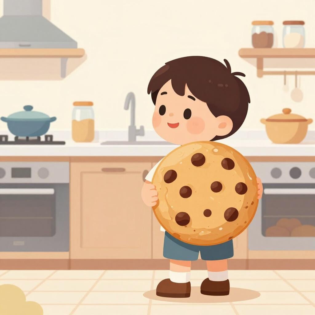 Une illustration colorée de livre d'histoires d'un enfant cachant un biscuit derrière son dos en souriant innocemment.