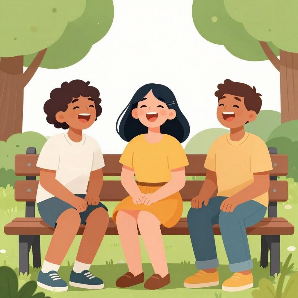 A group of friends sitting together, all laughing joyfully with wide smiles.