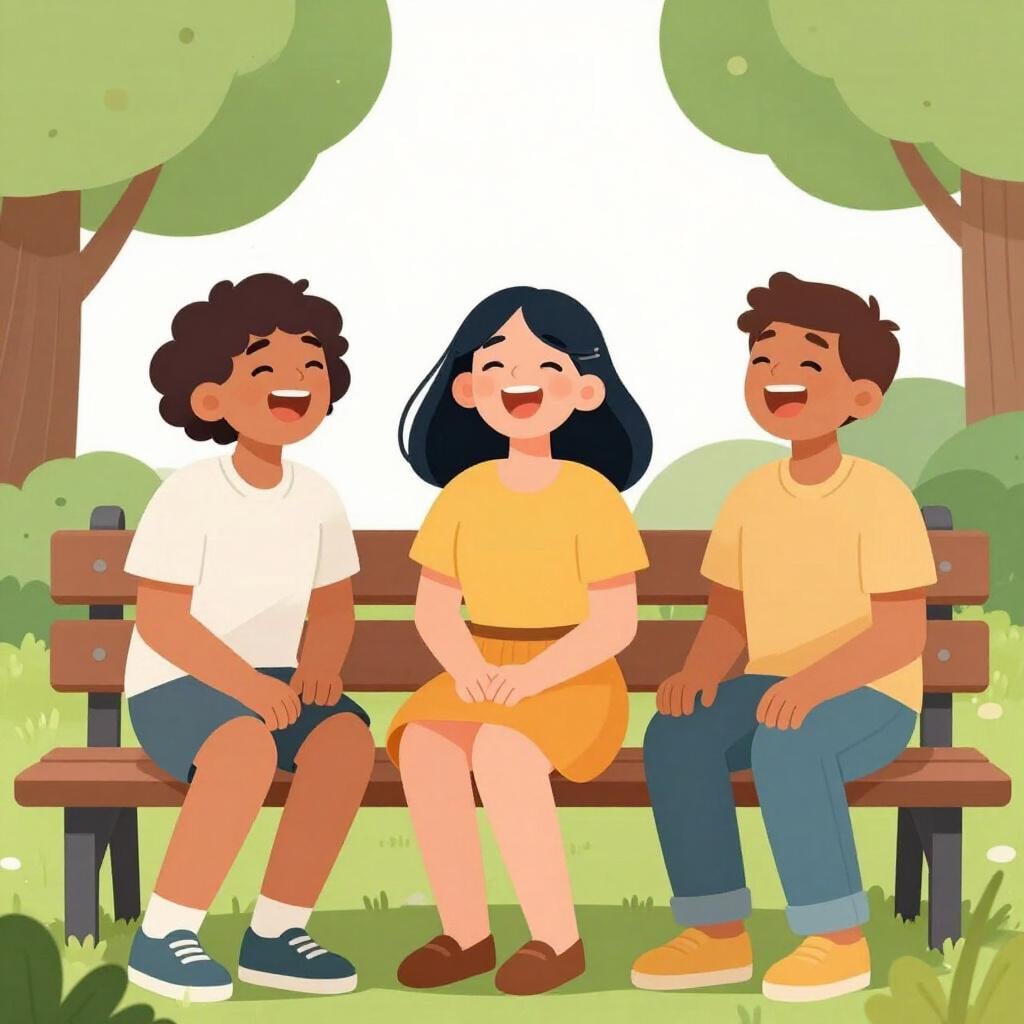 Een groep vrienden die samen zitten, allemaal vrolijk lachend met brede glimlachen.