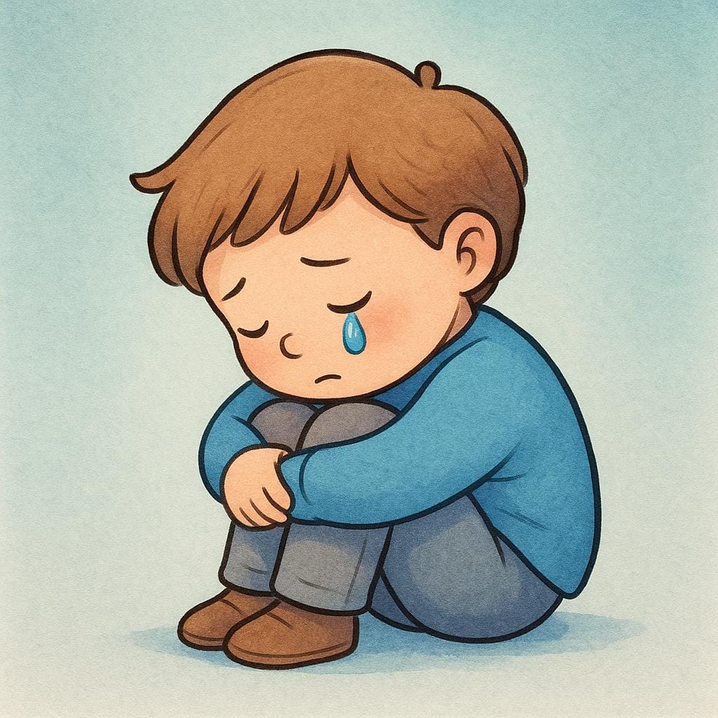 A simple illustration of a small child sitting alone on the ground with their knees pulled up, exhibiting a posture of deep sadness. A single tear is visible on their cheek.