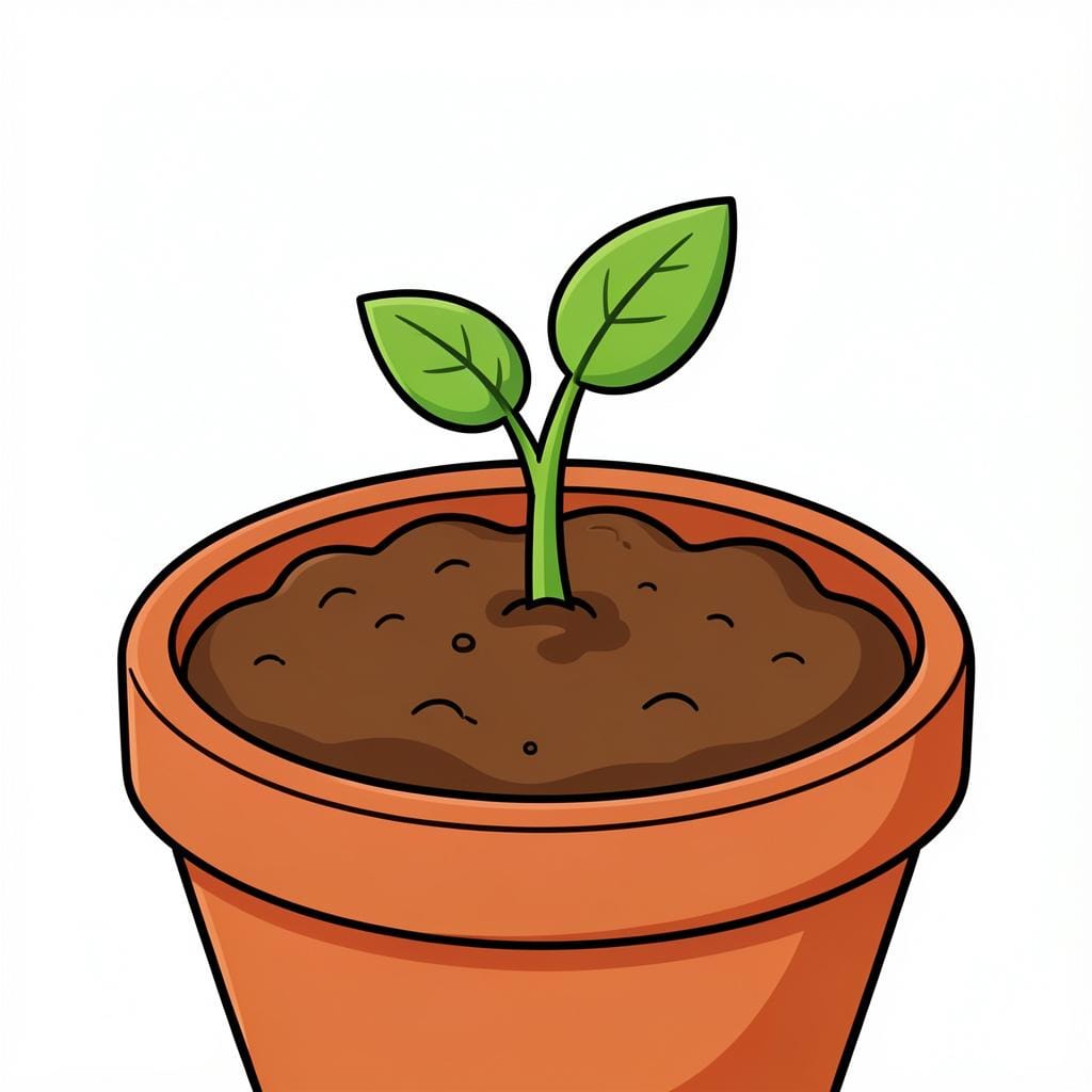 A small green sprout emerging from the soil in a pot.