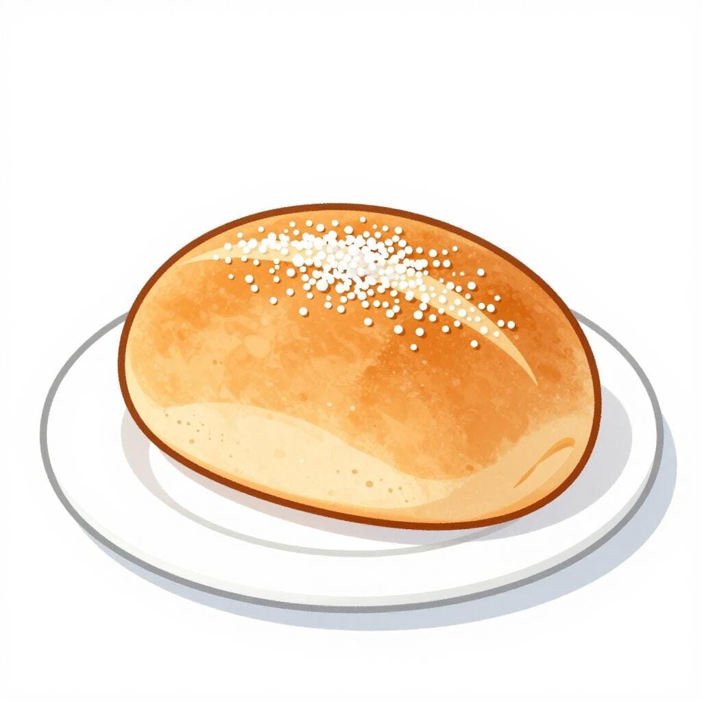 Un panino dolce di brioche dorato-marrone ricoperto da una linea di scintillante zucchero bianco.