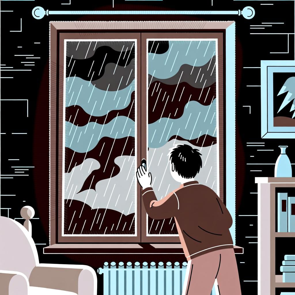 Someone closing a window as storm clouds gather, an action taken before an impending event.